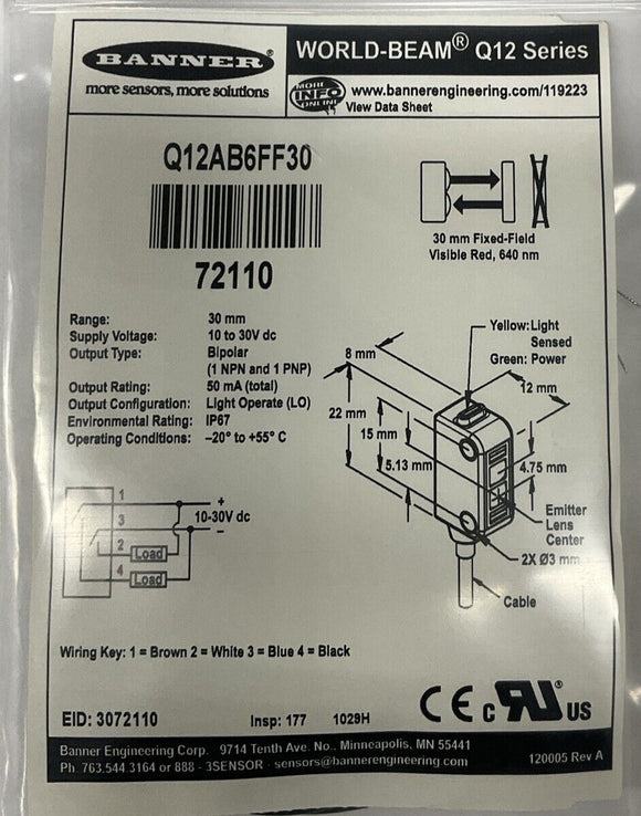 Banner Q12AB6FF30 Photoelectric Sensor 72110 Mini Visible Red