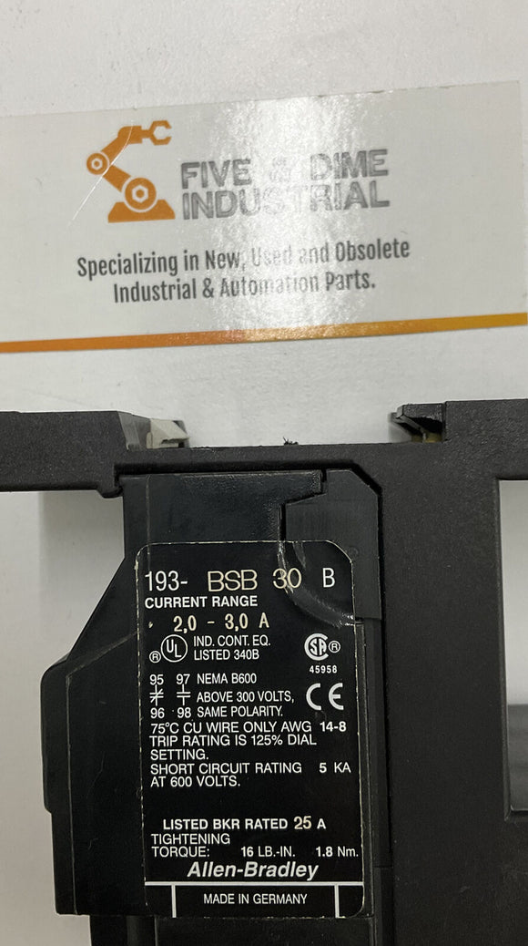 Allen Bradley 193-BSB30 Ser. B Overload Relay 2.0-3.0A w/ 193-BPM1 Adapter