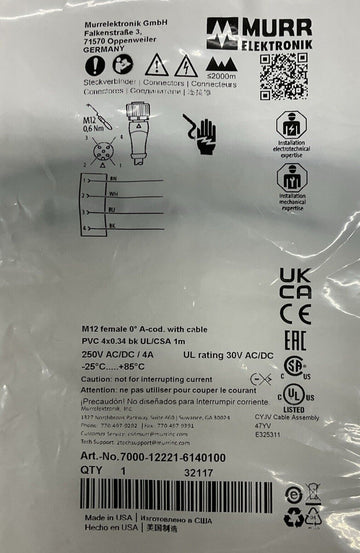 Murr 7000-12221-6140100 M12 Single-End 4-Pole Female Cable 1-Meter