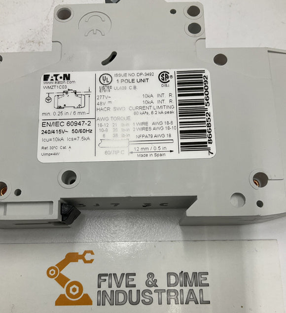 Eaton WMZT1C03 3-Amp 10kA Type C SP UL489 BT Circuit Breaker
