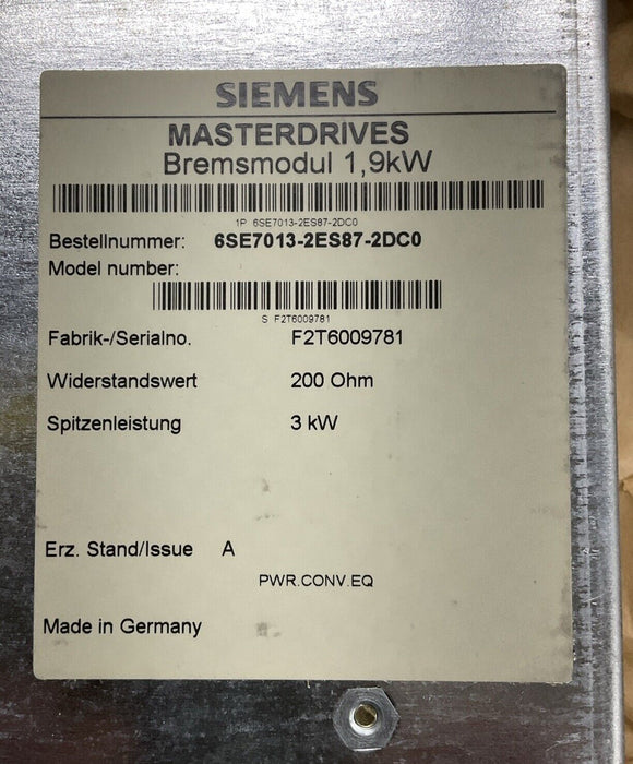 Siemens 6SE7013-2ES87-2DC0 Masterdrives 1.9kW Braking Resistor 200 Ohm