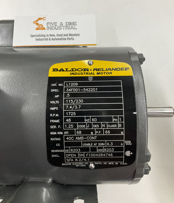 Baldor Reliance L1209 .50 HP 115/230 Vac Industrial Motor 1725 RPM Frame 48