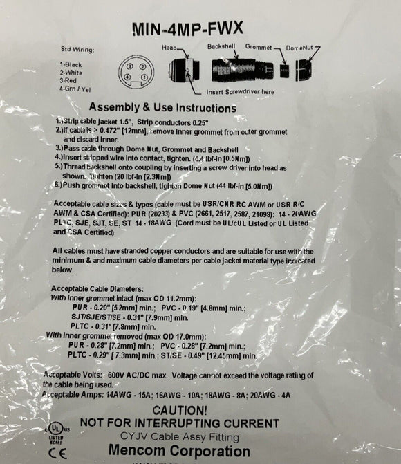 Mencom MIN-4MP-FWX 4-Pin Male 7/8" Field Wireable Connector