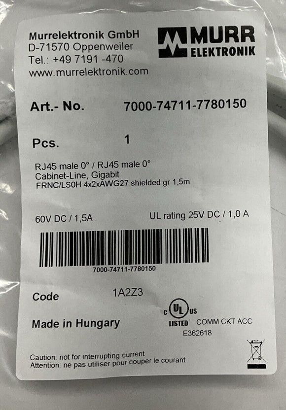 Murr 7000-74711-7780150 Gigabit Shielded RJ45 Male/Male 1.5-Meter Cable