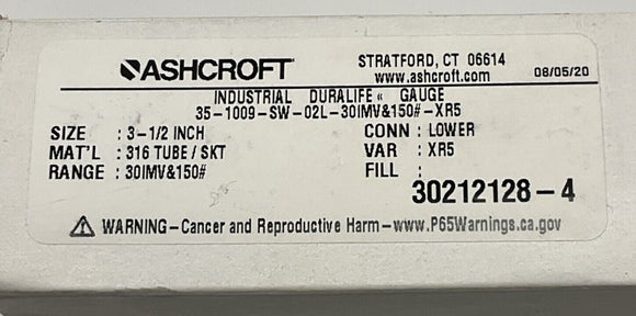 Ashcroft  35-1009-SW-02L Ammonia Gauge 3-1/2", 30 in.Hg-150 Psi, SS 1/4" NPT