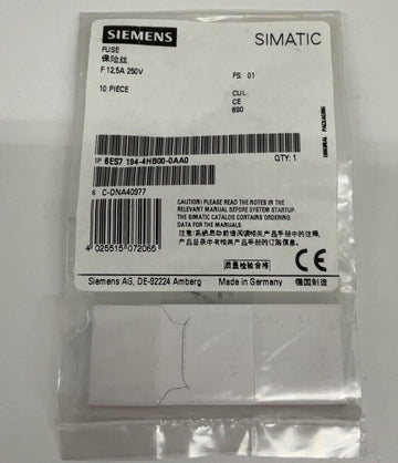 Siemens 6ES7 194-4HB00-0AA0  Fuses 250V, 12.5A Schurter 0001.1015 (10-Pack) - 0