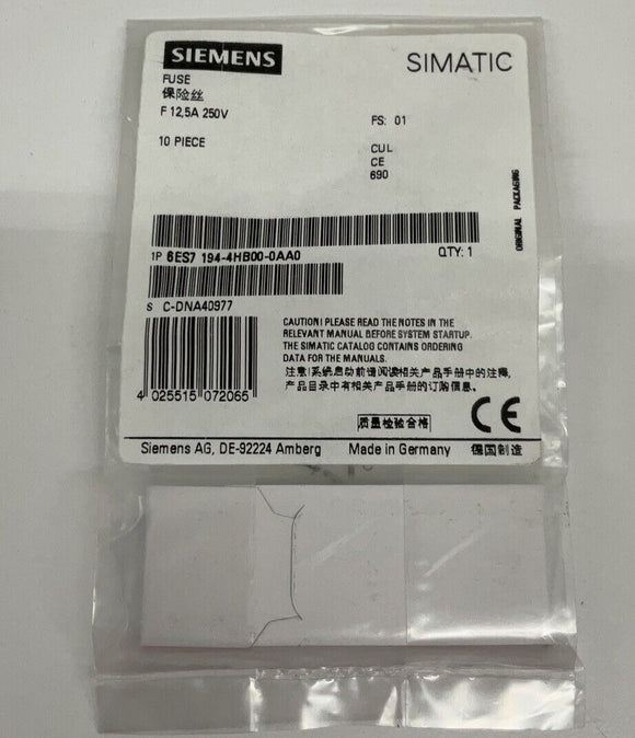Siemens 6ES7 194-4HB00-0AA0  Fuses 250V, 12.5A Schurter 0001.1015 (10-Pack)