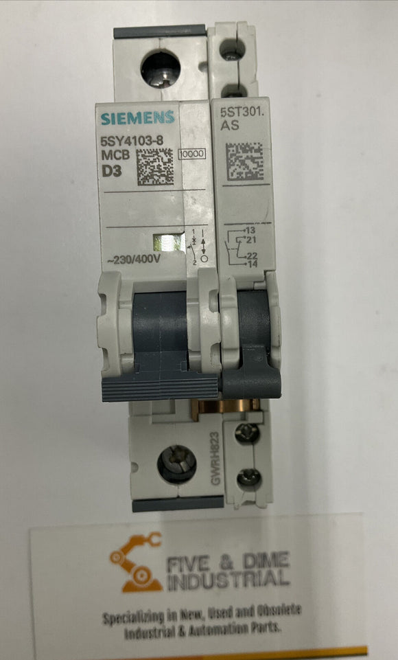 Siemens 5SY4103-8 Circuit Breaker w/ 5ST3010 Auxiliary Circuit Switch