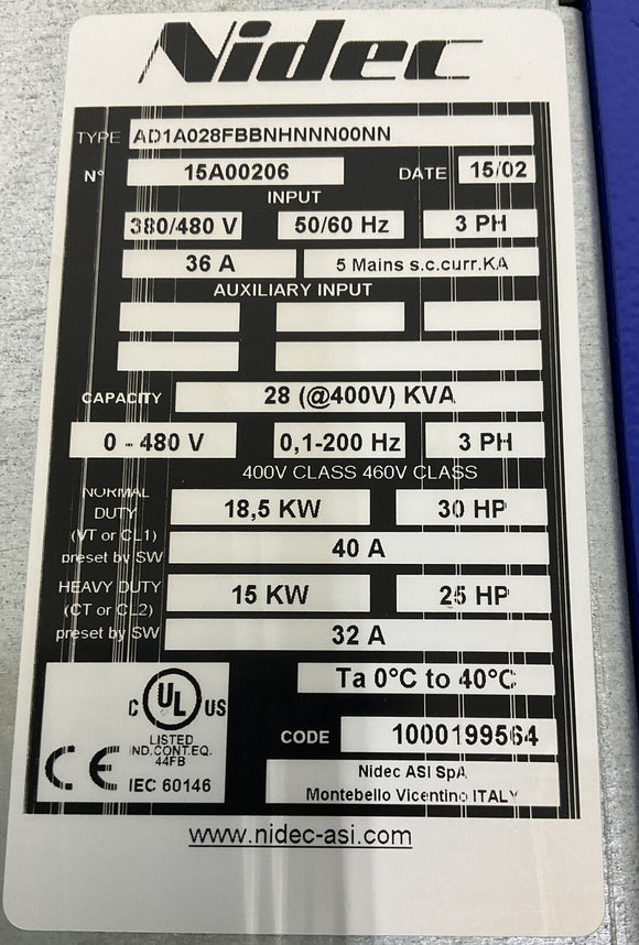 US Motors Nidec AD1A0228FBBNHNNN00NN 3PH, 40A, 30 HP, 380/480V Drive