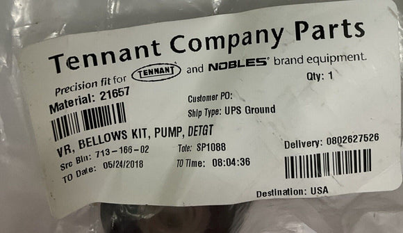 Tennant  21657 Pump OEM Bellows Kit Nobles 02501-498