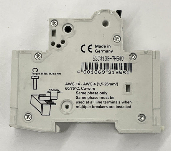 Siemens 5SJ4108-7HG40 HSJ Circuit Breaker 8 Amp Din Mount