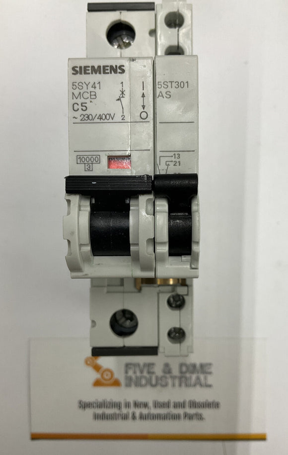 Siemens 5SY4211-7 Circuit Breaker MCB-C5 5 Amp  w/ 5ST3010 Auxiliary Switch