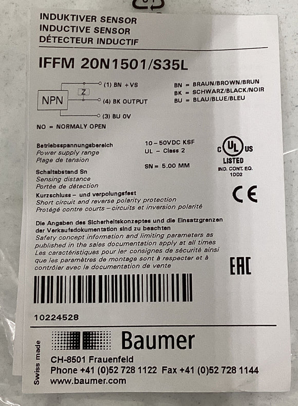 Baumer Electric IFFM 20N1501/S35L Inductive Proximity Switch / Sensor