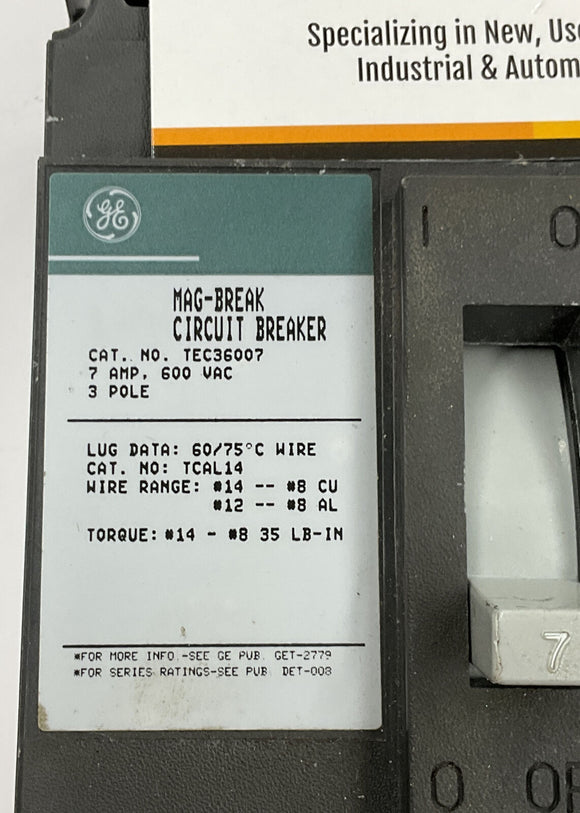 GE TEC36007 Mag-Break Circuit Breaker 7 Amp, 3-Pole, 600 Vac