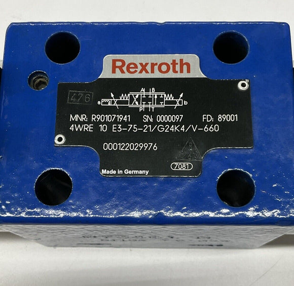 Rexroth R901071941 4WRE 10 E3-75-21/G24K4/V-660 Hydraulic Valve R900230636