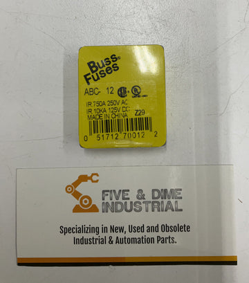 Bussmann ABC-12 Buss 12-Amp Fuses 125VDC, 250VAC. 5-Pack