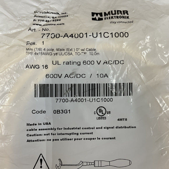 Murr 7700-A4001-U1C1000 Mini 7/8" 4-Pole, Male Power Cable 10 Meters