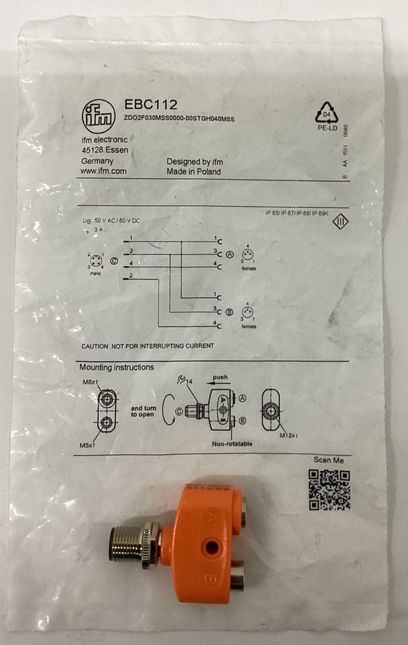 IFM Efector EBC112 4-Pin Y Splitter Male M12 x Female M8 (2)