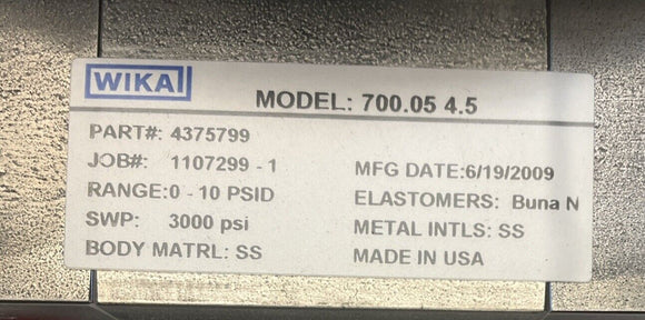 Wika 4375799 700.05 4.5  0-10 PSID  1/4" NPT Female Gauge