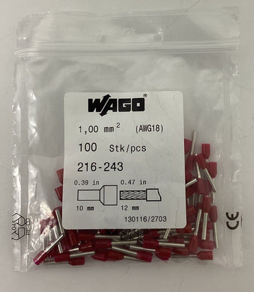 Wago 216-243 Ferrule 18 Awg Red Lot of 100