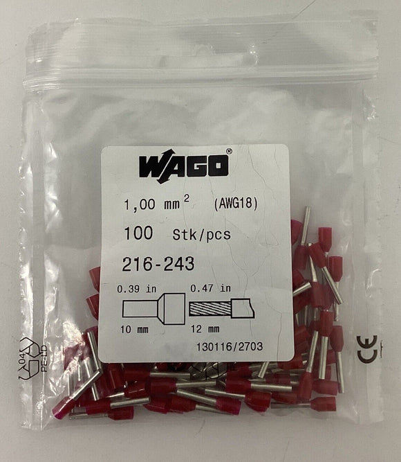 Wago 216-243 Ferrule 18 Awg Red Lot of 100