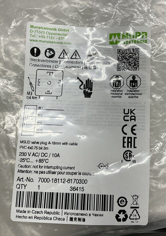 Murr 7000-18112-6170300 MSUD Valve Plug A-18mm w/ 3-Meter Cable