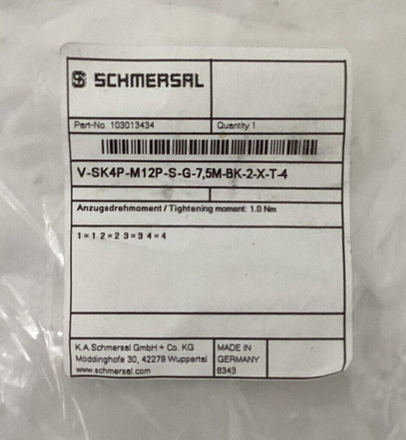 Schmersal 103013434 7.5 Meter  4-Pole Cable V-SK4P-M12P-S-G-7,5M-BK-2-X-T-4 C160