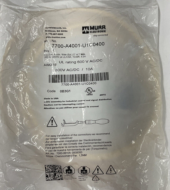 Murr 7700-A4001-U1C0400 Mini 7/8" 4 Pole, Male Power Cable 4 Meters