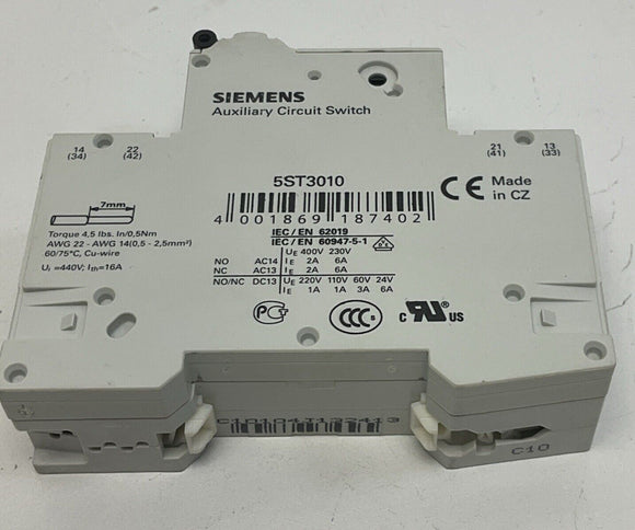 Siemens 5SY4110-7 MCB Circuit Breaker 10-Amp with 5ST3010 Auxiliary Switch