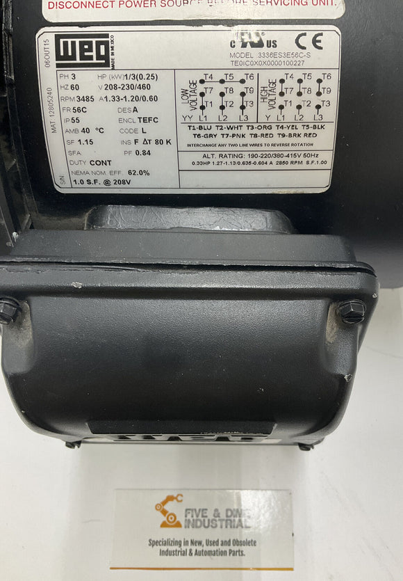 Weg 3336ES3E56C-S General Purpose Motor 3-PH, 1/3HP, 3485 RPM, FR: 56C