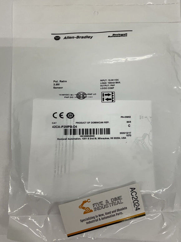 Allen-Bradley 42CA-P2MPB-D4 Red Led  Polarized Retro PNP Sensor 3.8M