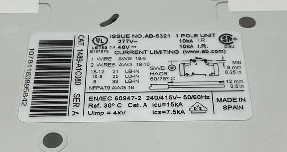 Allen Bradley  1489-A1C080  8 Amp Circuit Breaker 1 pole 277 VAC 48 VDC