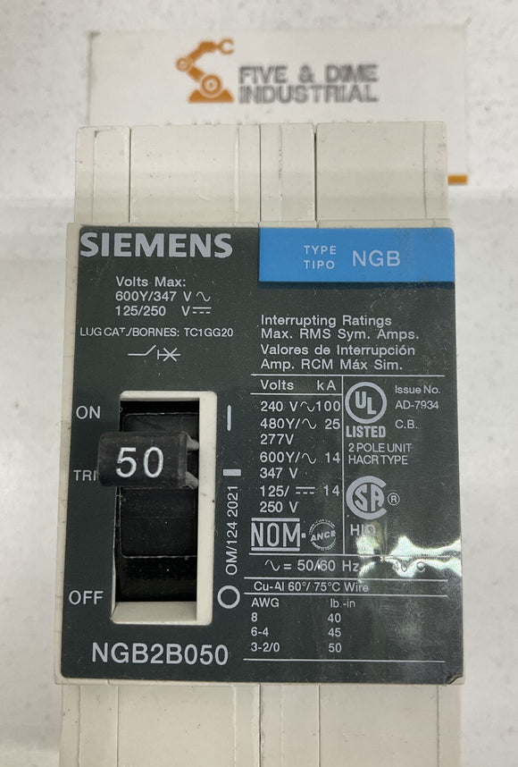 Siemens NGB2B050B 2-Pole 50 Amp 600V 14KA NGB Circuit Breaker