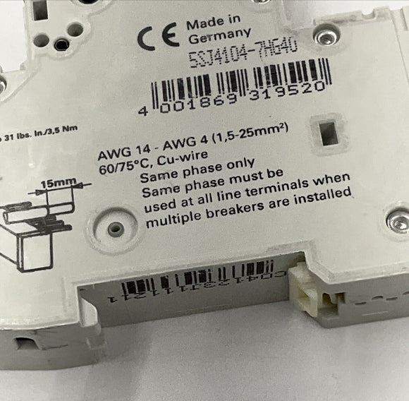 Siemens 5SJ4104-7HG40 HSJ Circuit Breaker 4 Amp Din Mount