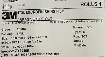 3M 7010510128 45/64 X 330 FT 20 Micron Microfinishing Film - 0