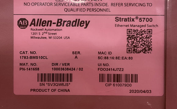Allen Bradley 1783-BMS10CL Stratix 5700 10-Port Managed EtherNet Switch