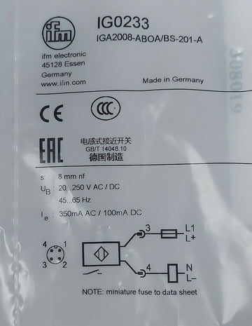 IFM Efector IGA2008-ABOA/BS-201-A Inductive Sensor IG0233 - 0