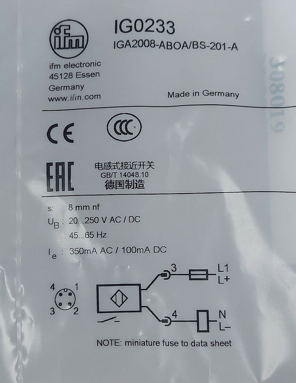 IFM Efector IGA2008-ABOA/BS-201-A Inductive Sensor IG0233