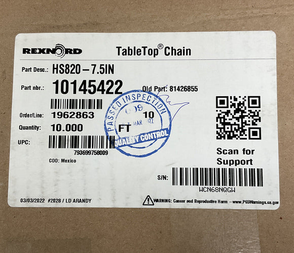 Rexnord 10145422 Heat Str Stabilized TableTop HS820-7.5IN Chain 10 Ft