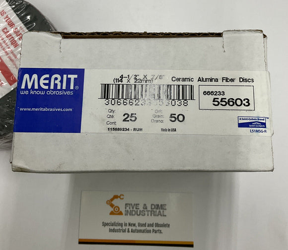 Merit Abrasives 4-1/2" x 7/8" Grit 50 Ceramic Fiber Sanding Discs.  25 pc