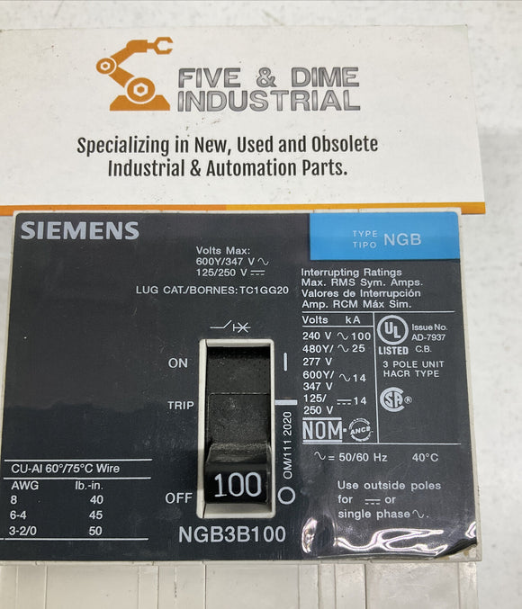 Siemens NGB3B100B  3 Pole 100 AMP 600V 14KA Circuit Breaker