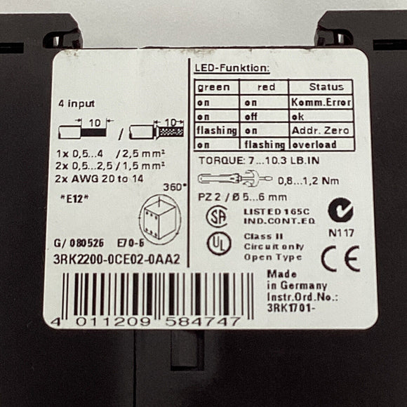 Siemens 3RK2200-0CE02-0AA2 AS-Interface Control Module 4 DI