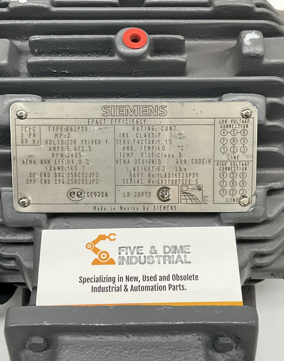Siemens R6ZPSD 2-HP Motor 3495 RPM, Frame: 145T 230/460 60Hz 3-Phase