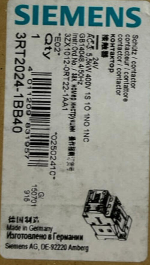 Siemens 3RT2024-1BB40 Contactor  24 VDC Coil 3 Pole 400V