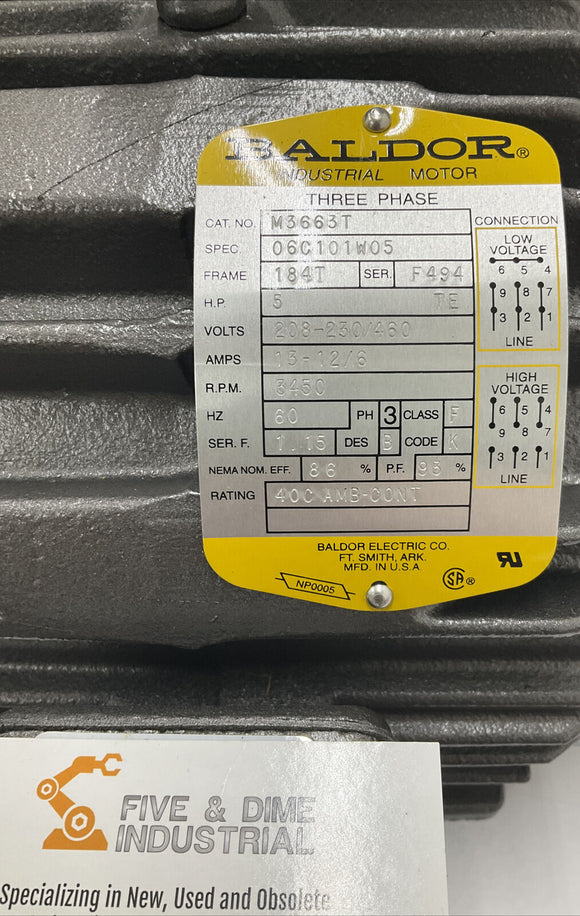 Baldor M3663T 5HP 230/460 Vac Industrial Motor 3450RPM Frame184T Hz60