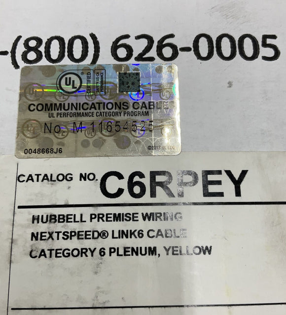 Hubbell NextSpeed C6RPEY 1000 Ft. Yellow Plenum CAT6 Cable / Wire 4-Pair (OV)