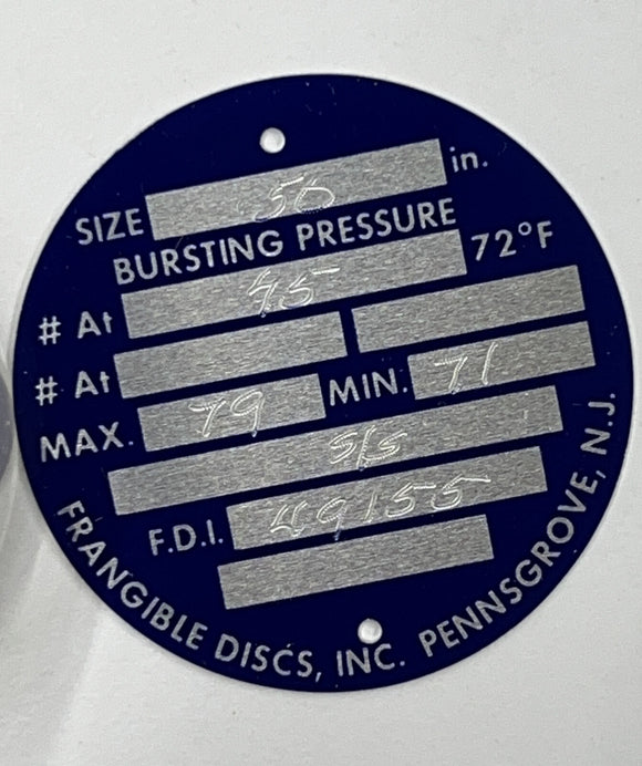 Frangible Disc Inc 49155 Size .50"  1/2" Bursting Pressure 75 @ 72°