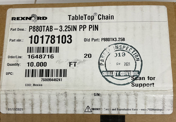 Rexnord 10178103 White Anti-Static TableTop Chain P880TAB-3.25IN PP PIN