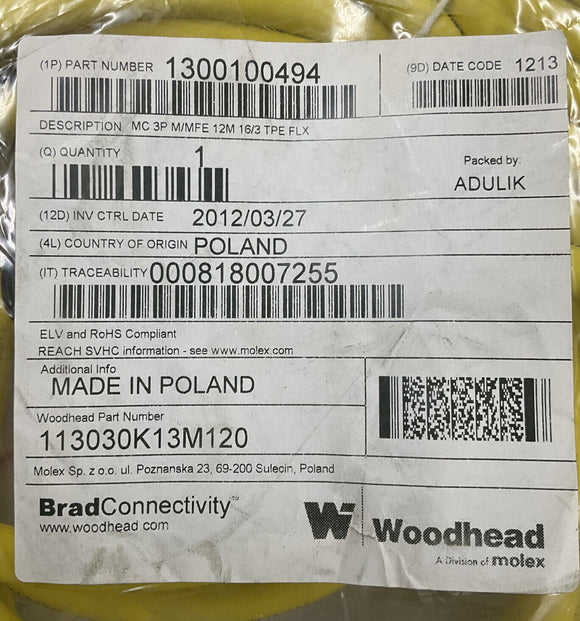 Woodhead Molex 1300100494 / 113030K13M120 3-Pole M/F 12 Meter Cable