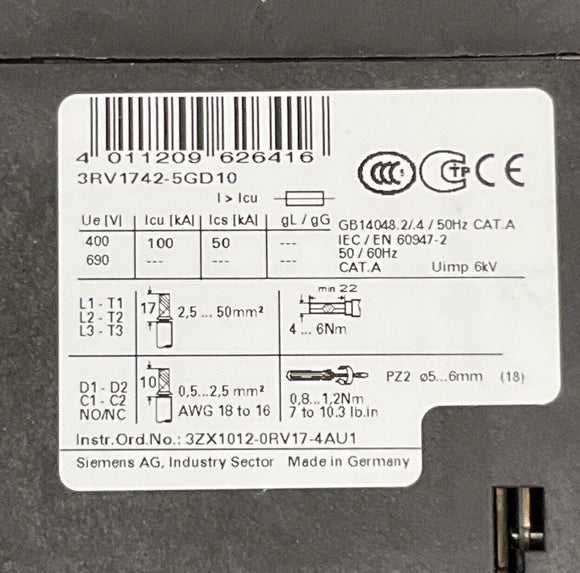 Siemens 3RV1742-5GD10 Motor Protector Circuit Breaker 40A